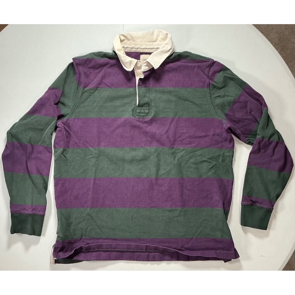 Lands End Canvas Rugby Shirt Mens XL Purple Green Striped Long Sleeve Preppy